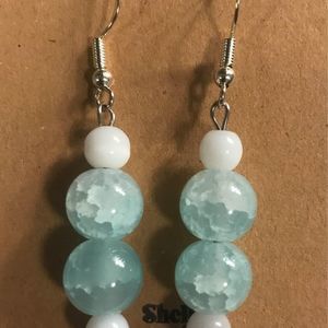 Handmade earrings blue glass white and cat’s eye beads